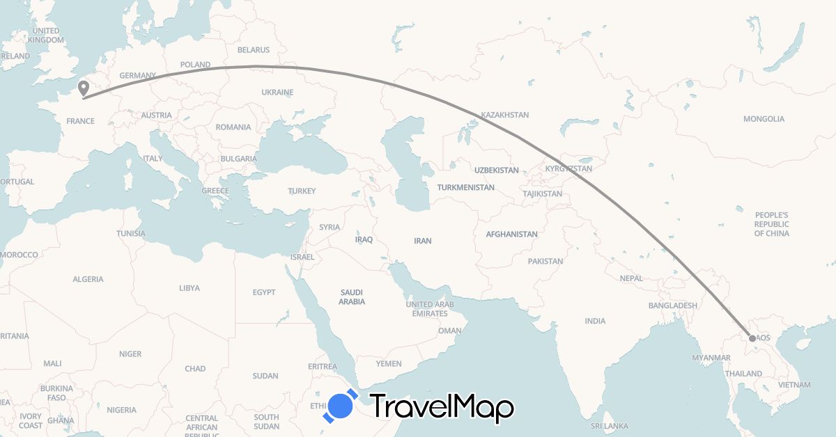 TravelMap itinerary: driving, plane in France, Laos (Asia, Europe)